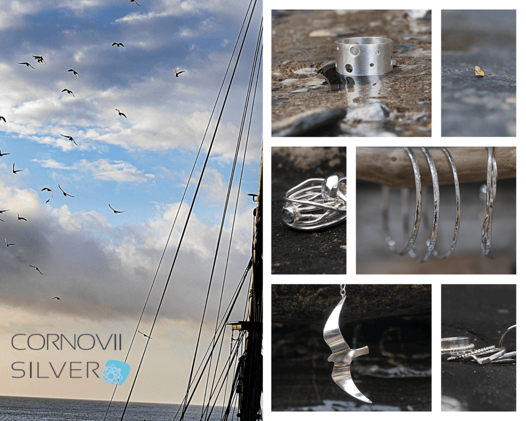 A collage of handcrafted silver jewellery pieces with a scenic view of Charlestown Harbour in Cornwall, showcasing jewellery-making course inspiration.