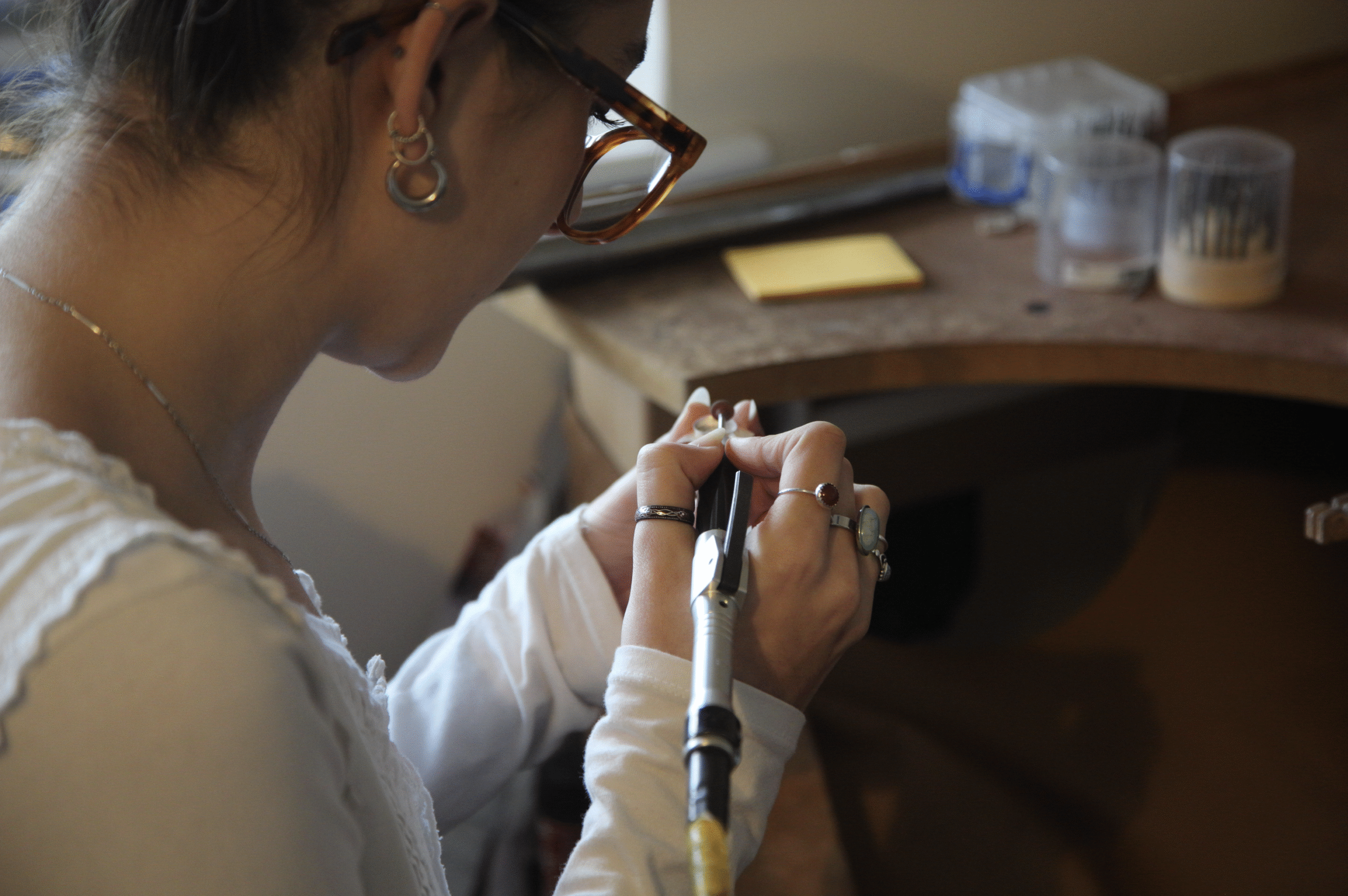 Student working on jewellery during a silversmithing course at Cornovii Silver in Cornwall