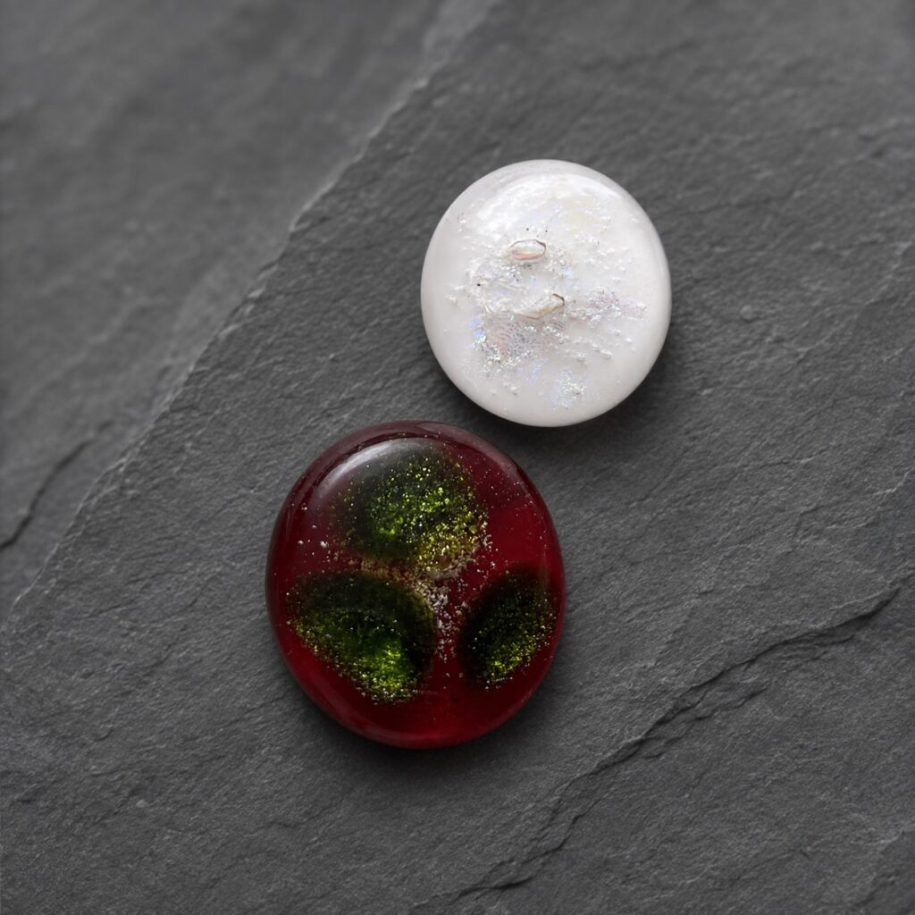 bespoke-memorial-glass-cabochons Handmade fused glass memorial cabochons containing ashes, created for bespoke memorial jewellery in Cornwall.