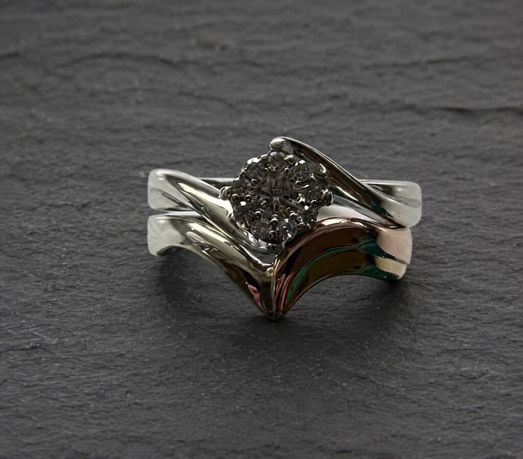white-gold-yellow-gold-diamond-ring-wedding-ring-resize-cleaning-repair Engagement and wedding rings after resizing and cleaning.